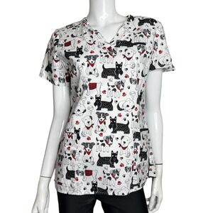 White Cross Womens Dog Print Scrub Top V-Neck Cotton Medical Uniform Small